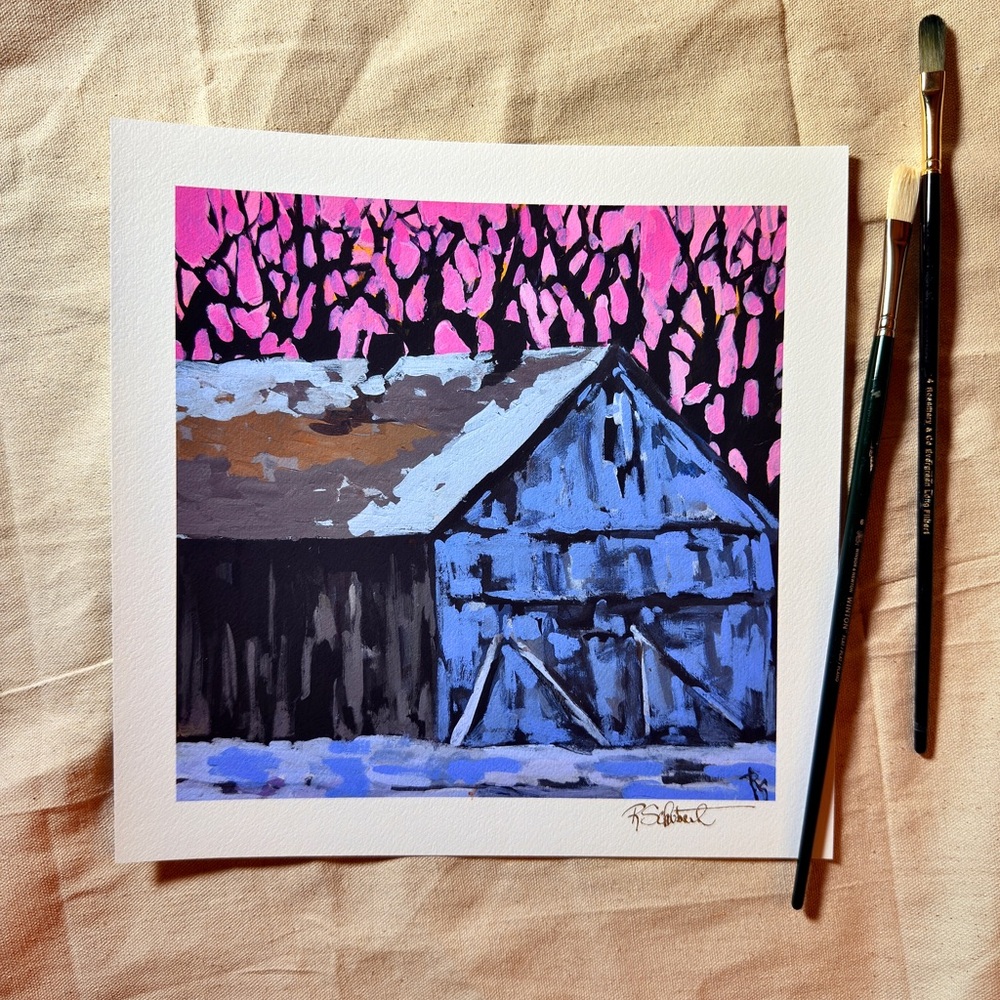 Rustic Barn Art Print with Pink and Blue Tones